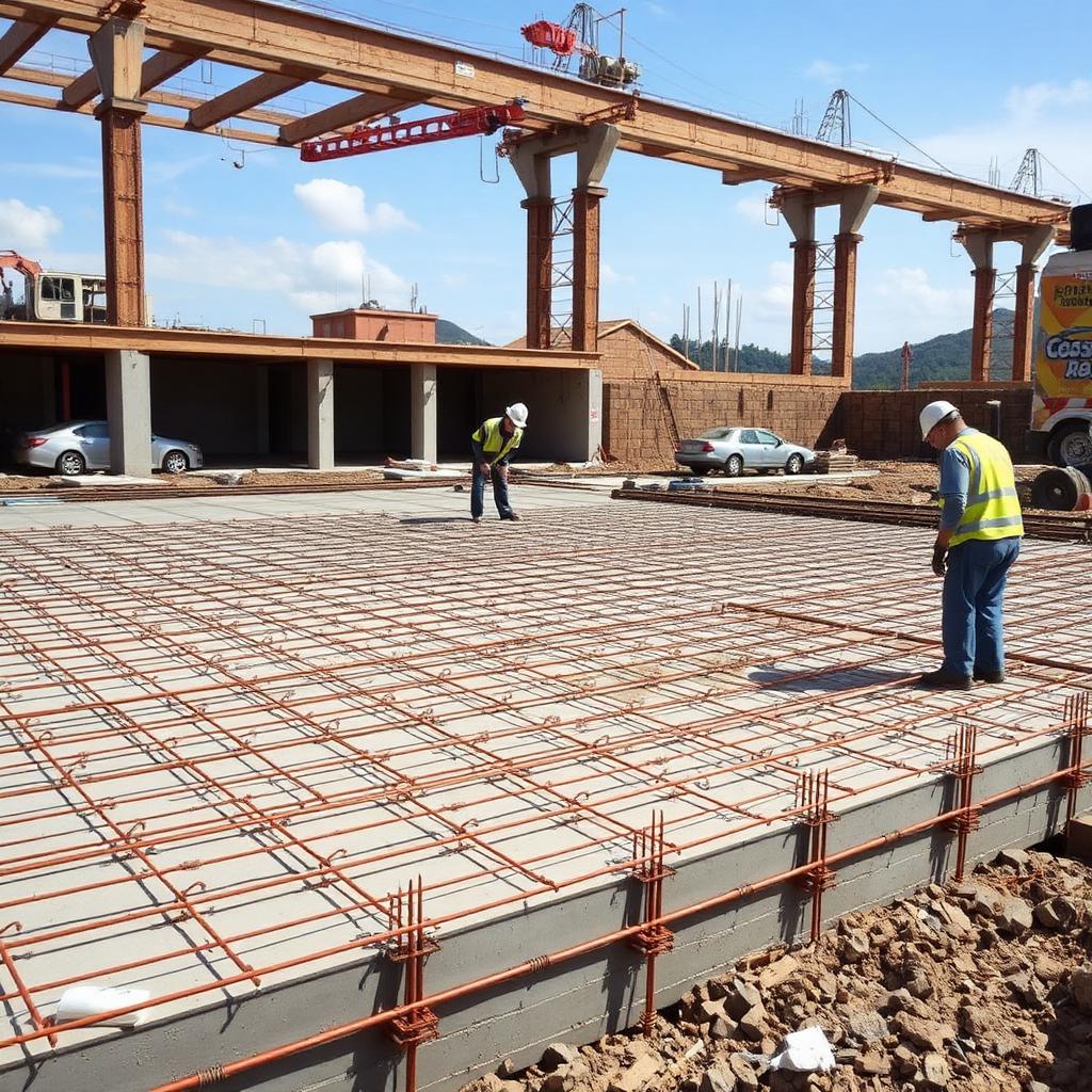 Construction team preparing reinforcement for a concrete slab