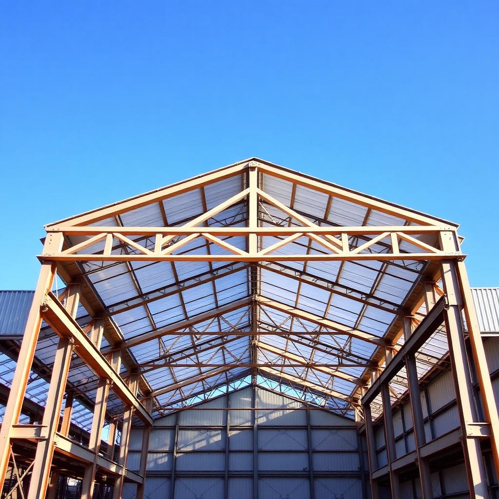 Exposed structural steel framework with open roof spans